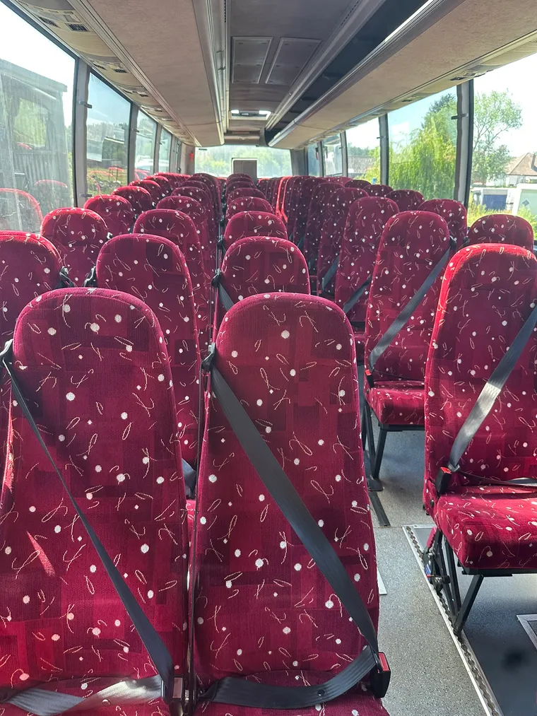 Inside the 70 seat school coach, 3+2 seating with belts on a single level