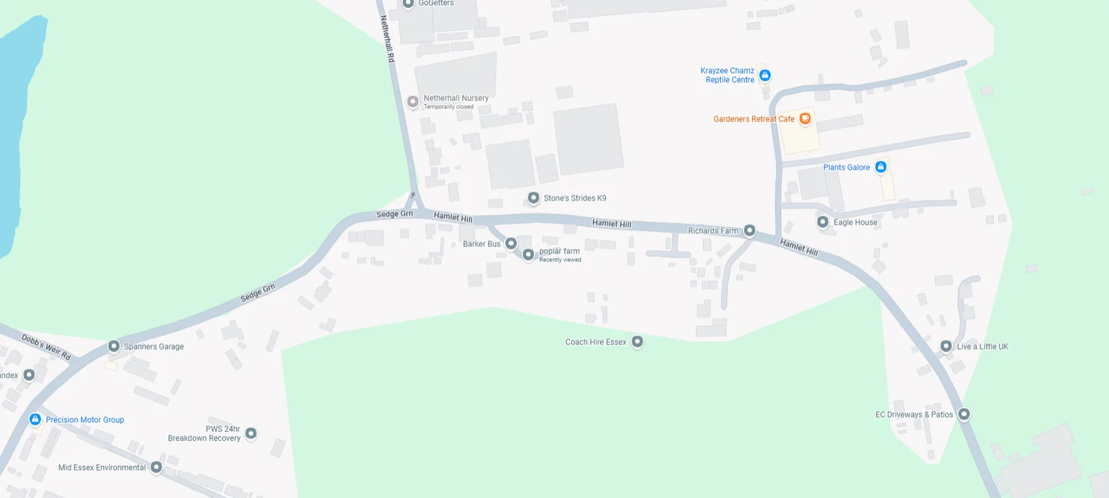 Map showing Barker Bus on Hamlet Hill in Roydon, between Sedge Green and Richards Farm