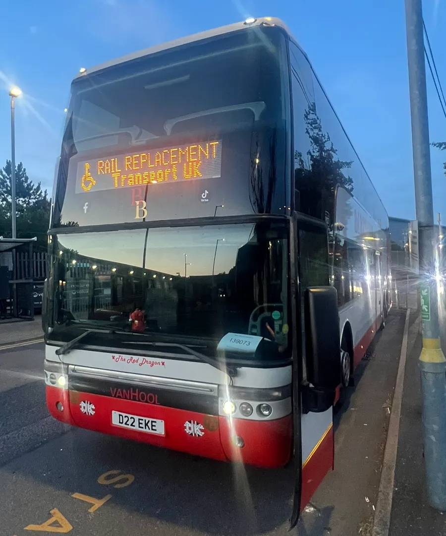 A Barker Bus vehicle on rail replacement work