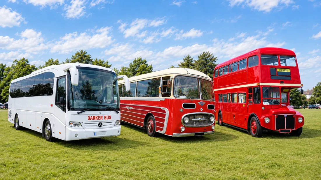 A modern Barker Bus coach, a vintage coach and a Routemaster parked together
